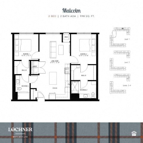 Floor plan for 2 beds, 2 baths, 998 sqft