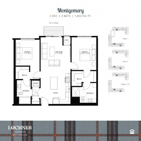 Floor plan for 2 beds, 2 baths, 1022 sqft
