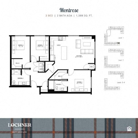 Floor plan for 3 beds, 2 baths, 1388 sqft
