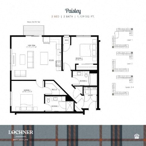 Floor plan for 2 beds, 2 baths, 1129 sqft