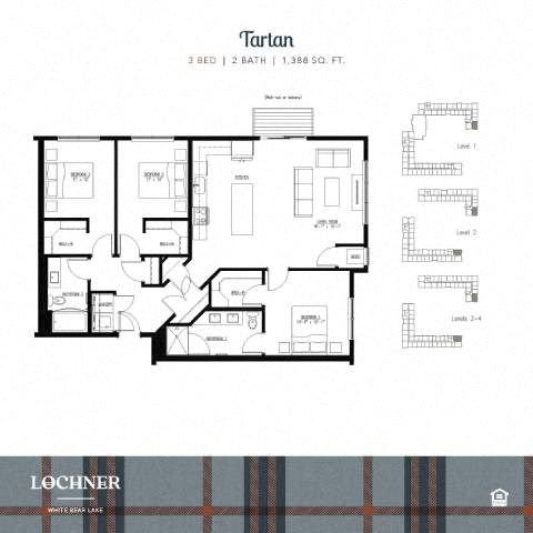 Floor plan for 3 beds, 2 baths, 1388 sqft
