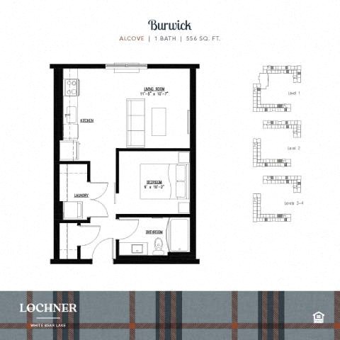 Floor plan for 1 bed, 1 bath, 556 sqft