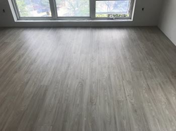 A room with a light wooden floor and a window