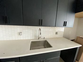 A kitchen with a sink and grey cabinets