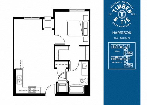 Floor plan for 1 bed, 1 bath, 676 sqft