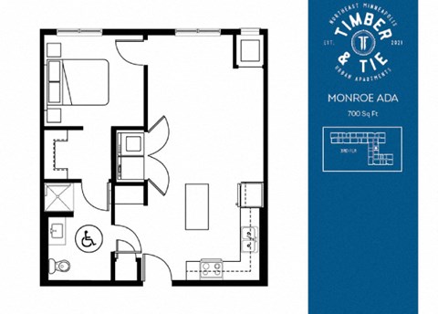 Floor plan for 1 bed, 1 bath, 700 sqft