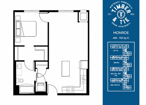 Floor plan for 1 bed, 1 bath, 700 sqft