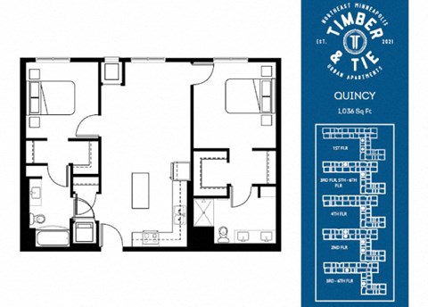 Floor plan for 2 beds, 2 baths, 1036 sqft