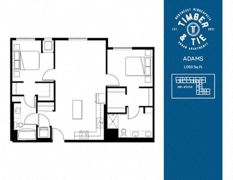 Floor plan for 2 beds, 2 baths, 1050 sqft
