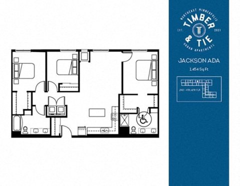 Floor plan for 3 beds, 2 baths, 1454 sqft
