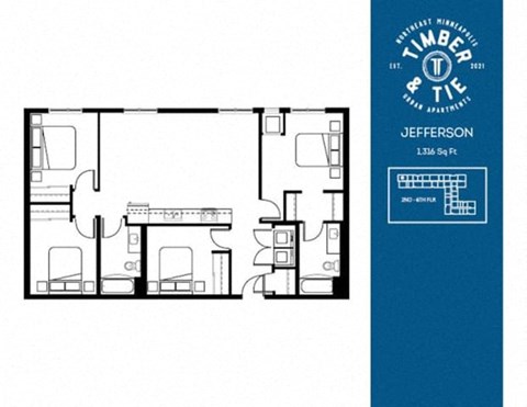 Floor plan for 4 beds, 2 baths, 1316 sqft