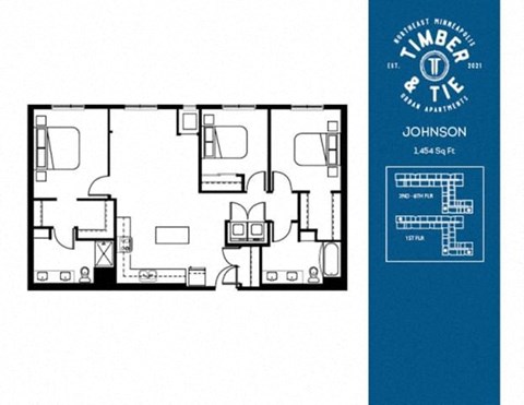 Floor plan for 3 beds, 2 baths, 1454 sqft
