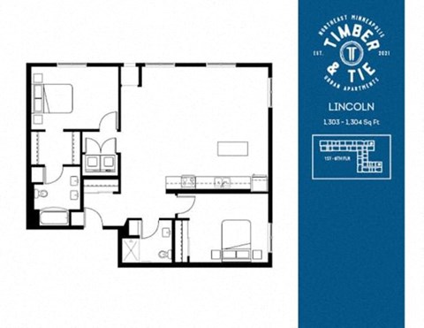 Floor plan for 2 beds, 2 baths, 1304 sqft