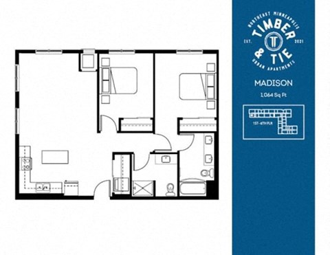 Floor plan for 2 beds, 2 baths, 1064 sqft