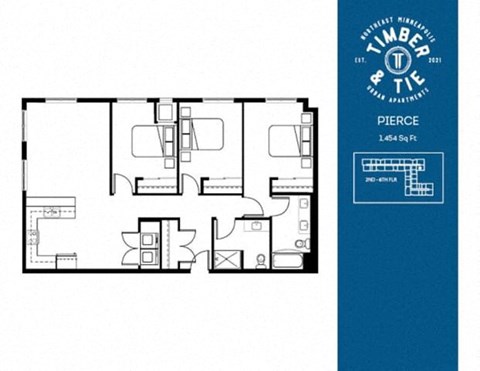Floor plan for 3 beds, 2 baths, 1454 sqft