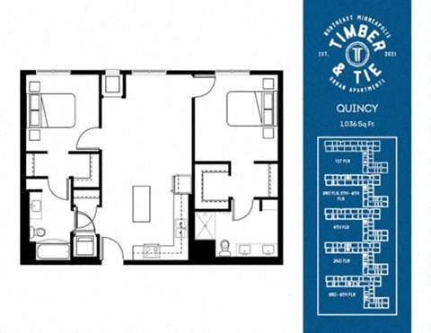 Floor plan for 2 beds, 2 baths, 1036 sqft