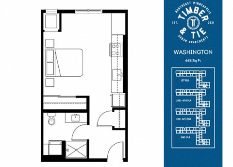 Floor plan for studio, 1 bath, 448 sqft