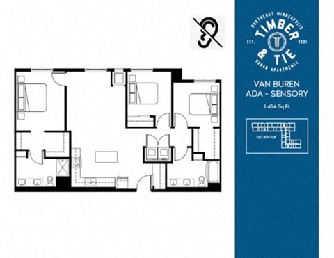 Floor plan for 3 beds, 2 baths, 1454 sqft