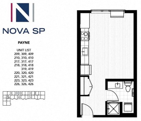 Floor plan for studio, 1 bath, 380 sqft