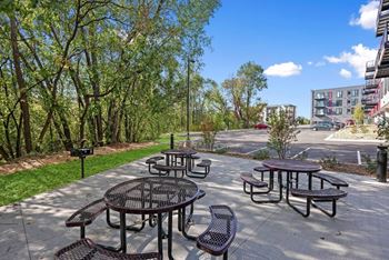 A park with picnic tables