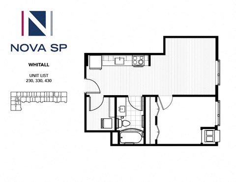 Floor plan for 1 bed, 1 bath, 526 sqft