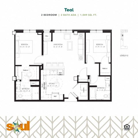 Floor plan for 2 beds, 2 baths, 1049 sqft