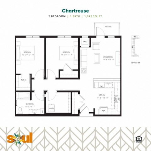 Floor plan for 2 beds, 1 bath, 1092 sqft