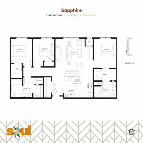 Floor plan for 3 beds, 2 baths, 1324 sqft