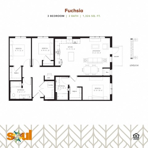 Floor plan for 3 beds, 2 baths, 1326 sqft