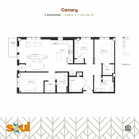 Floor plan for 3 beds, 2 baths, 1342 sqft