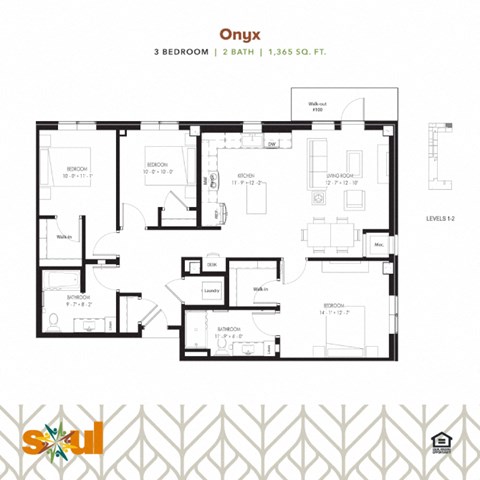 Floor plan for 3 beds, 2 baths, 1365 sqft