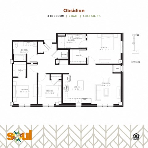 Floor plan for 3 beds, 2 baths, 1365 sqft