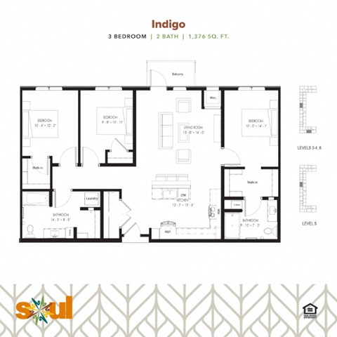 Floor plan for 3 beds, 2 baths, 1379 sqft