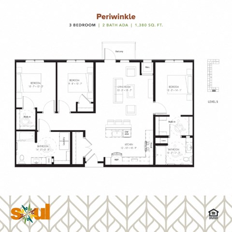 Floor plan for 3 beds, 2 baths, 1379 sqft