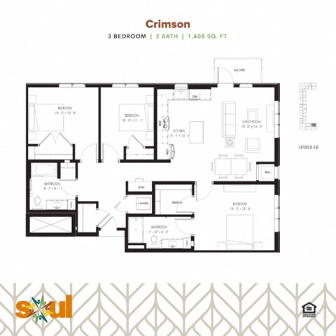Floor plan for 3 beds, 2 baths, 1415 sqft
