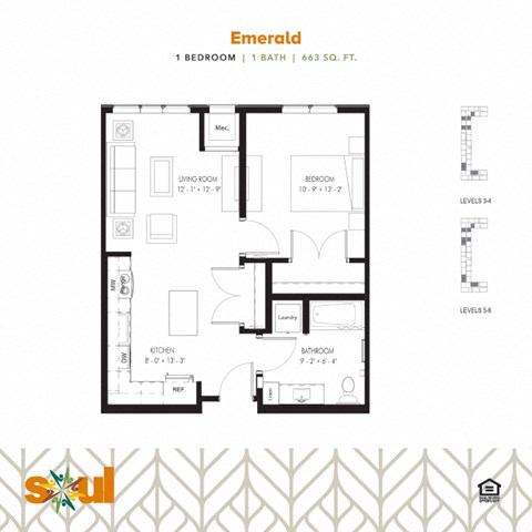 Floor plan for 1 bed, 1 bath, 663 sqft