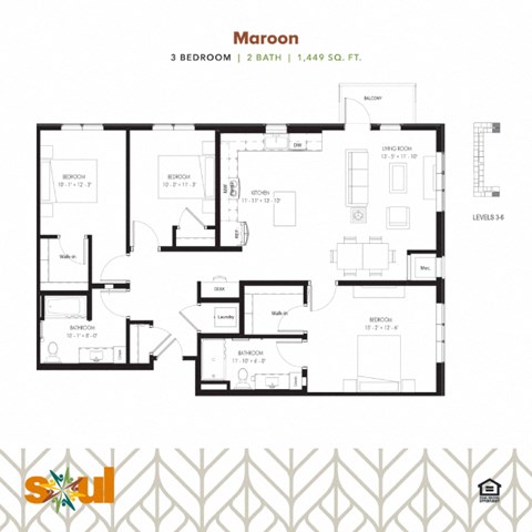 Floor plan for 3 beds, 2 baths, 1449 sqft