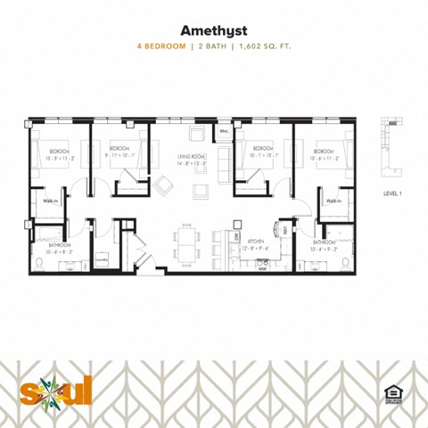 Floor plan for 4 beds, 2 baths, 1602 sqft