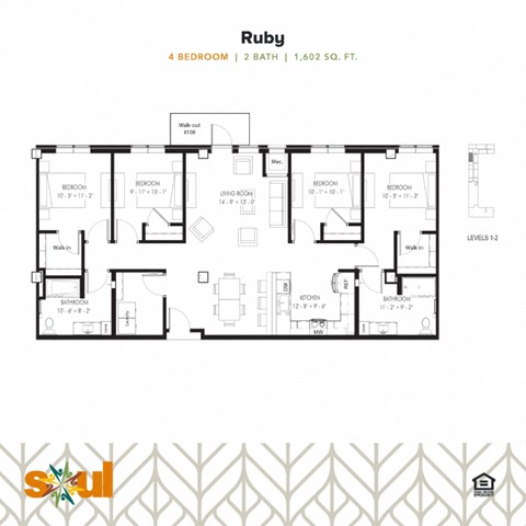 Floor plan for 4 beds, 2 baths, 1602 sqft