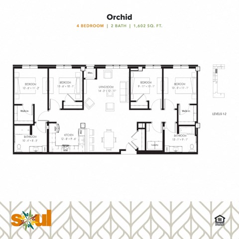 Floor plan for 4 beds, 2 baths, 1602 sqft