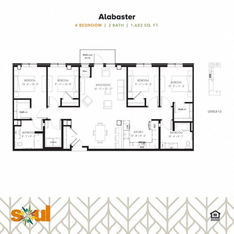 Floor plan for 4 beds, 2 baths, 1602 sqft