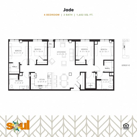 Floor plan for 4 beds, 2 baths, 1602 sqft