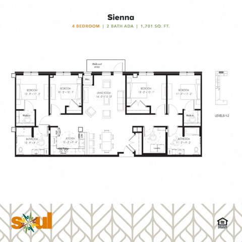 Floor plan for 4 beds, 2 baths, 1701 sqft