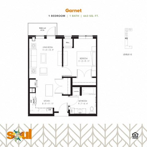Floor plan for 1 bed, 1 bath, 663 sqft