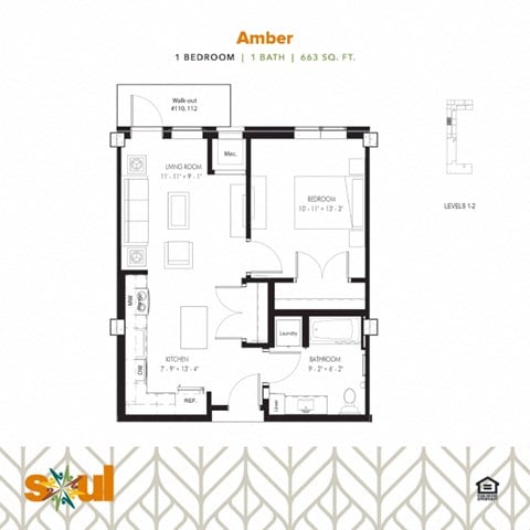Floor plan for 1 bed, 1 bath, 663 sqft