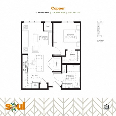 Floor plan for 1 bed, 1 bath, 663 sqft