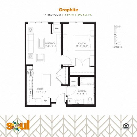 Floor plan for 1 bed, 1 bath, 690 sqft