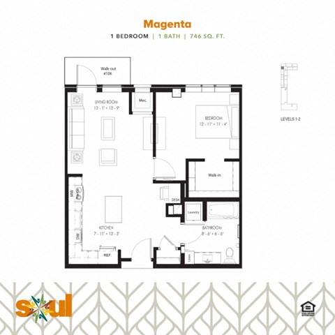 Floor plan for 1 bed, 1 bath, 746 sqft