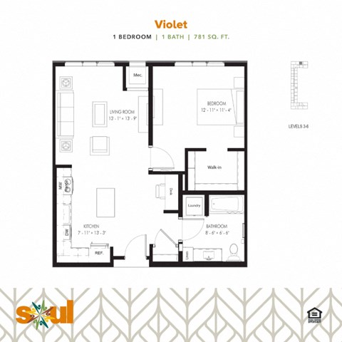 Floor plan for 1 bed, 1 bath, 781 sqft