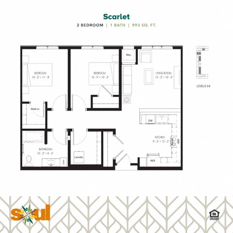 Floor plan for 2 beds, 1 bath, 993 sqft